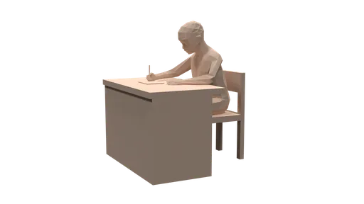Low poly 3D model of a child seated at a desk, focused on writing, optimized for Blender, suitable for CG visuals.