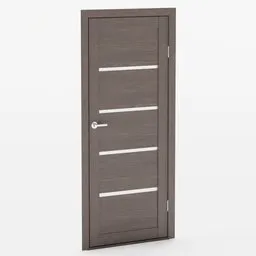 "Door 3D model for Blender 3D - Interior doors named Mira with a gloss finish and Venge color. Dimensions 2000mm x 800mm x 34mm. Handle on white background inspired by Wolfgang Letti, Korean kpop star, with grey striped walls and brown wood cabinets."