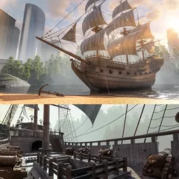 Detailed 3D pirate ship with interior against a modern cityscape for creative scene renders.