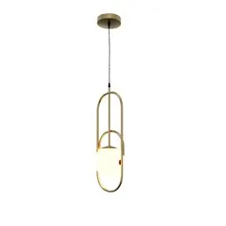"Golden pendant ceiling lamp with a slender and symmetrical body, perfect for bedroom decoration and reading sets. 3D model created with Blender 3D software. Close up view with a white background."