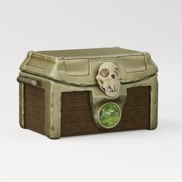 "Low poly Skull Chest 3D model with 4k UV set and real-time capabilities. Features an empty controller for chest top, perfect for 3D printing and game development. Ideal for artists and creators using Blender 3D software."