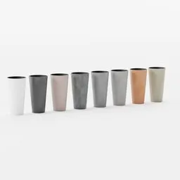 "A colorful collection of eight flower pots made with organic polycarbon materials, modeled in Blender 3D. The materials correspond to the URBI SLIM collection from PROSPERPLAST, with ultra high definition details and five available colors."
