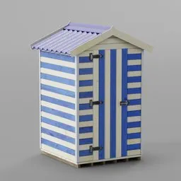 Detailed 3D model of a striped blue and white beach hut with a pitched roof, inspired by Normandy's coastal architecture, available for Blender.
