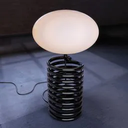 "Spiral Table Lamp by Ingo Maurer, a 60s-inspired design available as a 3D model in Blender featuring glowing heating coils, egg-shaped base and minimalist style. Perfect for modern interiors."