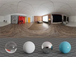 360-degree high-resolution studio HDR with wooden floors, brick walls, and soft lighting for realistic scene illumination