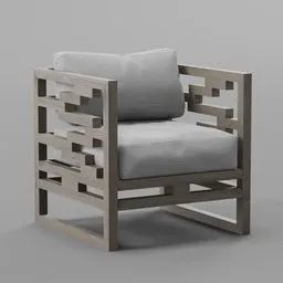 "Outdoor armchair with a wooden maze-like frame and cushion, inspired by iconic designs of Ernő Rubik and Emperor Huizong of Song. Created in Blender 3D software by Josef Navrátil and featuring acanthus details."