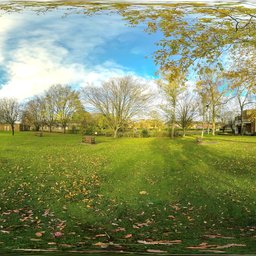360-degree panoramic HDR image showing vibrant green park with scattered autumn leaves and clear blue sky.