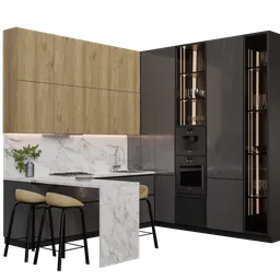 Detailed 3D kitchen model with marble countertop and modern appliances, compatible with Blender 3.6, rendered in Cycles.