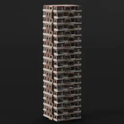 Alt text: "Unshaded, Soviet-era tall building with balconies and randomly segmented rooms in 3D render. Ideal for background use in Blender 3D projects. Rate and download this untextured, wood-effect apartment model from the store website."