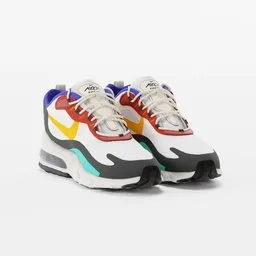 "Nike Air 270 Bauhaus - Multicolored Running Shoes with White, Black, Sail, and University Gold. Inspired by Olivia de Berardinis, these nonbinary shoes feature an iridescent visor and a trendy 90s aesthetic. Highly detailed watercolor design suitable for Blender 3D modeling."