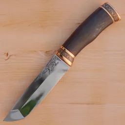 "High quality 3D model of a hunting knife with intricate chasing and celtic designs on a wooden table, created using Blender 3D software. Inspried by Mikhail Nesterov and featuring photorealistic textures and reflections in copper. Perfect for equipment design projects."