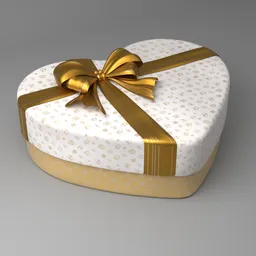 Heart-shaped beige gift box 3D model with gold-patterned detail and luxurious ribbon for Blender rendering.