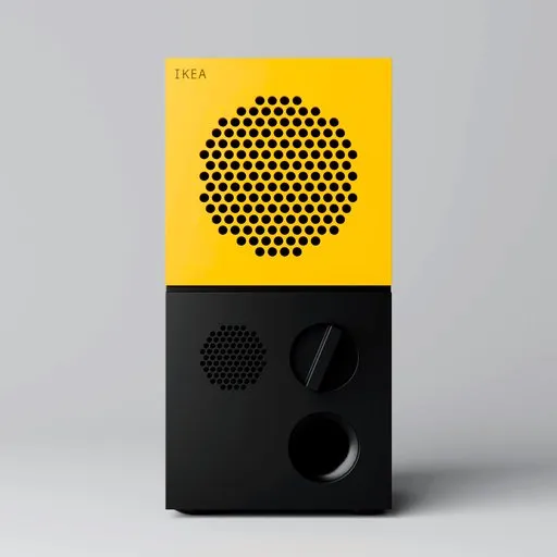Detailed 3D rendering of a modern Bluetooth speaker in black and yellow, compatible with Blender for audio projects.