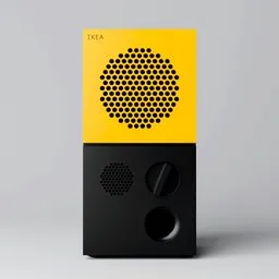 Detailed 3D rendering of a modern Bluetooth speaker in black and yellow, compatible with Blender for audio projects.