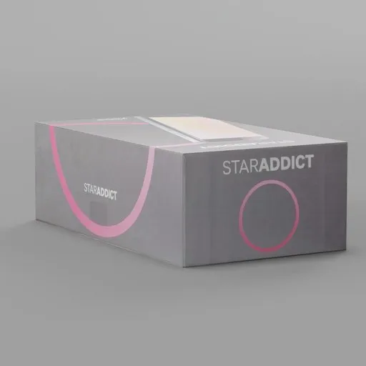 Detailed 3D model of a grey and pink Staraddict product box, rendered in Blender.