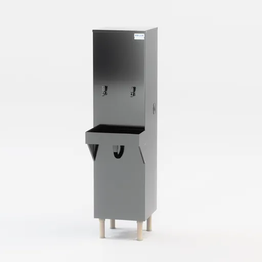 3D rendering of a stainless steel industrial water fountain with twin taps and basin, compatible with Blender 3D software.