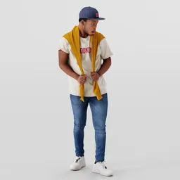 Casually posed, stylish young man 3D model with cap and sweatshirt over shoulders for Blender.