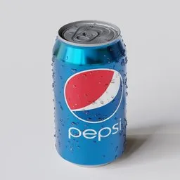 "Hyper-realistic 3D model of a Pepsi can with water droplets for restaurant bar in Blender 3D. Computer generated with realistic blue metal texture and galaxy raytracing. Perfect for realistic renderings and animations."