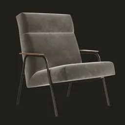 3D model of a mid-century modern lounge chair with cushioned seat, steel legs, and walnut armrests for Blender.