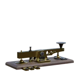 "Steampunk-inspired Telegraph 3D model with golden key and cell animation textures for Blender 3D software. Modeled in Poser and Realism with official render, featuring black background and rectangular shape. High-quality 1k textures included."