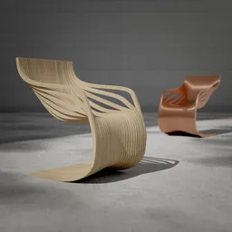Curved wooden armchair 3D model with modern design, rendered in Blender, showcasing photorealism and craftsmanship.