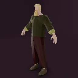 "Low poly 3D model of a man with a circle beard, wearing a green shirt. Inspired by Hugo Simberg, this character design features warm colored clothes and proper proportions, perfect for use in Unity engine games. Created in Blender 3D with attention to detail."