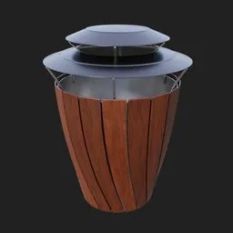 3D rendering of a modern wooden street trash bin with metal accents, designed for Blender exterior scenes.