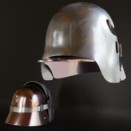 Detailed low poly 3D model of a metallic military helmet suitable for war game designs in Blender.
