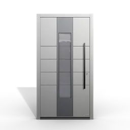 Modern 3D model of a sleek entrance door with glass panel for architectural visualization in Blender.