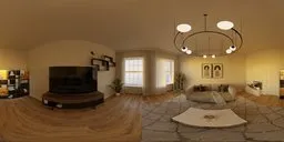 360-degree HDR panorama of a modern living room with minimalist decor and natural lighting.