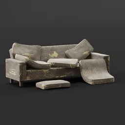 Detailed Blender 3D model showcasing a vintage-style sofa with textured upholstery and realistic aging effects.