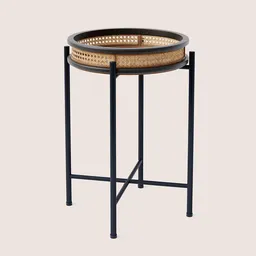 Detailed 3D Blender model of a rustic side table with detachable rattan tray top for compact storage solutions.