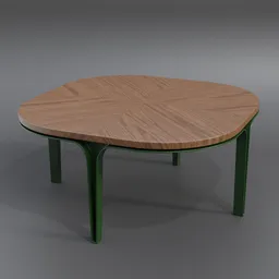 "Modern Wood Top Coffee Table - 3D Model for Blender 3D: A 38"x38" coffee table with a wooden top and metal legs, inspired by Mikhail Lebedev. Hyper-realistic rendering with Elm tree texture. Perfect for home and professional projects."