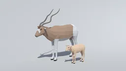 Low poly 3D model of adult and calf cartoon addax with separated eyes, teeth, and tongue for CG visualization.