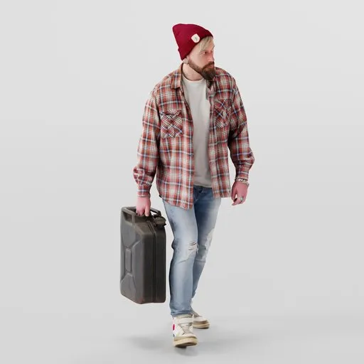 Realistic male 3D figure in casual attire with fuel canister, ideal for Blender 3D modeling and animation.