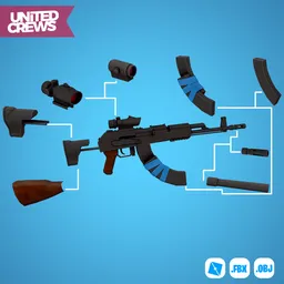 Exploded view of a lowpoly stylized AK-47 3D model with accessories, optimized for Blender and gaming.