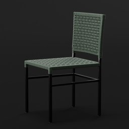 "Rustic braided chair for Blender 3D: A close-up of a chair featuring a woven seat in a black and green color scheme. This architectural 3D model showcases realistic skin shader and bumped three-dimensional features, suitable for neo-classical or rustic environments. Created by Henriett Seth F., this tabletop model enhances your Blender 3D projects with its unique charm and de Stijl inspiration."