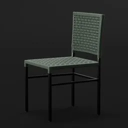 "Rustic braided chair for Blender 3D: A close-up of a chair featuring a woven seat in a black and green color scheme. This architectural 3D model showcases realistic skin shader and bumped three-dimensional features, suitable for neo-classical or rustic environments. Created by Henriett Seth F., this tabletop model enhances your Blender 3D projects with its unique charm and de Stijl inspiration."