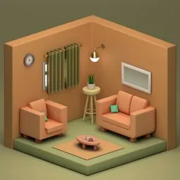 "A cozy 3D stadium room featuring a couch, chair, table and a radiator. Moody Wes Anderson-inspired design with cartoony shaders and a mini figure. Perfect for motion graphics in Blender 3D. Rendered in warm cream-colored tones by Stanley Twardowicz."