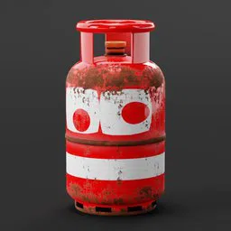 Realistic red and white gas cylinder 3D model with weathered texture, suitable for Blender rendering.