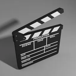 "High-quality 3D model of a Clapperboard for Blender 3D, with 4k textures and a single UV set. Perfect for cinematic projects, featuring simplistic iconography and cinematic colors. Ideal for emotional expression, action moments with famous actors."