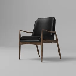 "Modern Dining Chair with Wood-Leather variations, rendered in Blender 3D. This elegant chair features a black leather seat on a wooden frame, inspired by Jørgen Nash. Check out this physically based render of April, accurately showcasing the chair's features. Perfect for your next Blender 3D project."