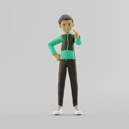 3D model "Pepé" for Blender 3D: A cheerful child with a green jacket and black pants holding an Xbox Series X and making a V gesture. This mixed-race avatar is rigged and ready to animate, with clean topology and proportional base mesh for quick use in projects. Note that blend shapes are not applied and weight paints may require adjustment.
