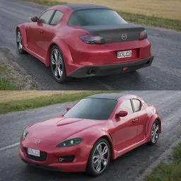 "Red Mazda RX 8 3D model for Blender 3D: CGSociety and Weta FX inspired, featuring realistic next generation graphics. Front and side view, with centered full body rear-shot. Created by Jenő Barcsay."