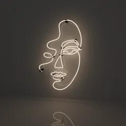 Neon face-shaped light 3D model for Blender, minimalist wall decor, glowing outline, reflection on surface.