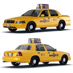 Yellow Ford Crown Victoria taxi 3D model for Blender, Rigged with procedural materials and unique taxi top signs.