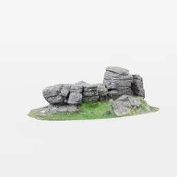 "Photogrammetry scan of a rocky crag in Dartmoor, Devon. Detailed 3D model for Blender 3D of a landscape featuring a green patch of grass and soft blurs in the background. Perfect for adding natural elements to your virtual scenes."