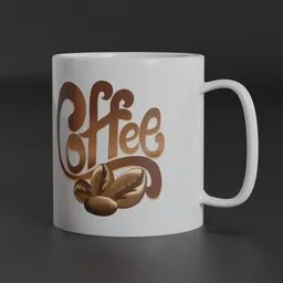 Realistic 3D-rendered white mug with coffee beans design, optimized for Blender modeling and rendering.