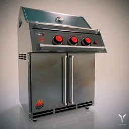 Detailed 3D model of stainless steel outdoor grill with textured surfaces and adjustable top cover, created in Blender.