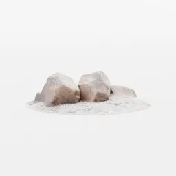 "Sandstone beach rock model for Blender 3D: detailed photo-scan of a rock emerging from gravel on a deserted beach. Perfect for landscape design and album artwork."